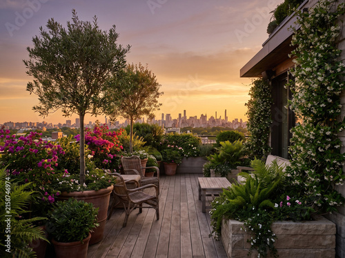 Rooftop Garden Terrace with City Skyline at Sunset