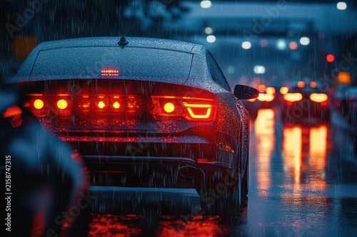 rear view of a sporty car with glowing red taillights on a rainy city street at night, wet reflections and a moody, dramatic atmosphere