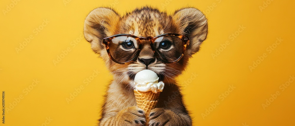 Fototapeta premium adorable lion cub wearing tortoiseshell glasses holding a vanilla ice cream cone against a bright yellow background with a curious playful expression
