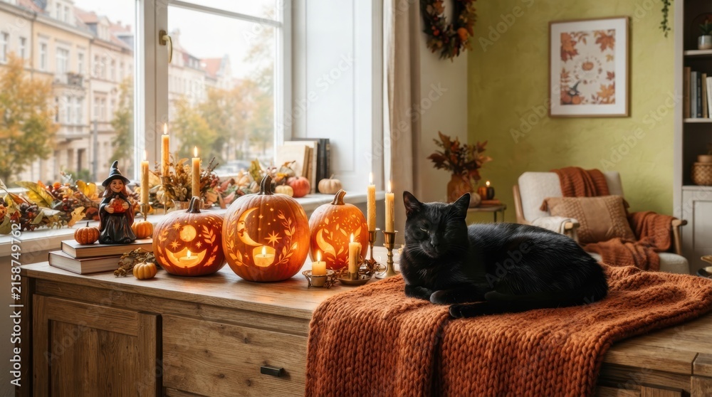 Fototapeta premium Cozy Halloween scene with carved pumpkins, candles, and a black cat by the window