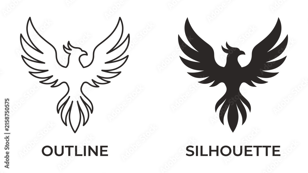 Fototapeta premium Phoenix Symbol: A stylized phoenix depicted in both an outline and a solid silhouette, representing rebirth, resilience, and power.