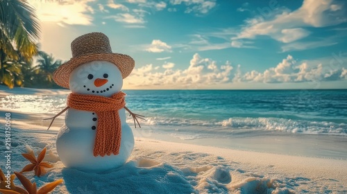 whimsical snowman with straw hat and orange scarf on a sunlit tropical beach with palm trees, gentle waves and cottony clouds — peaceful and playful