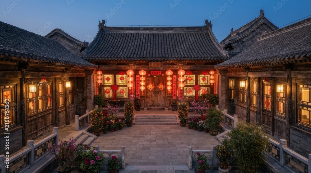 Fototapeta premium Traditional Chinese courtyard illuminated by red lanterns at dusk