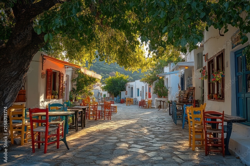Obraz premium Sunlit cobblestone village alley lined with whitewashed houses and colorful wooden tables and chairs under a large leafy tree, peaceful warm and inviting atmosphere