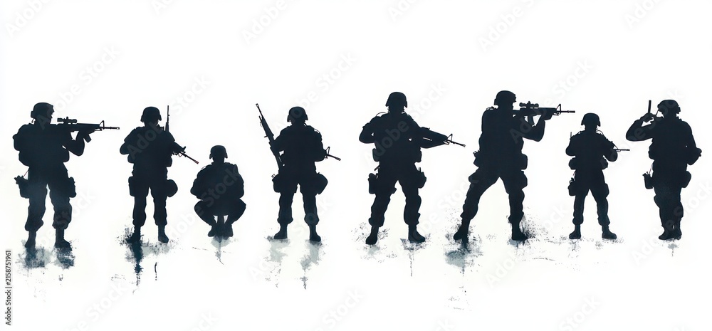 Obraz premium Row of armed soldier silhouettes in varied combat stances, standing, kneeling and aiming with mirrored reflections, evoking readiness, tension and unity