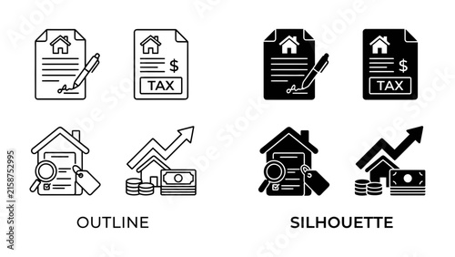 Bild auf Leinwand Real Estate Icons: A set of four icons representing real estate transactions, including property tax forms, a magnifying glass over a house, and financial growth charts