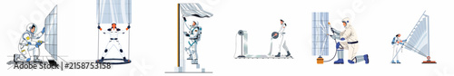 Foto Set of six technical illustrations depicting astronauts in spacesuits performing various maintenance, assembly, and training tasks in a space environment