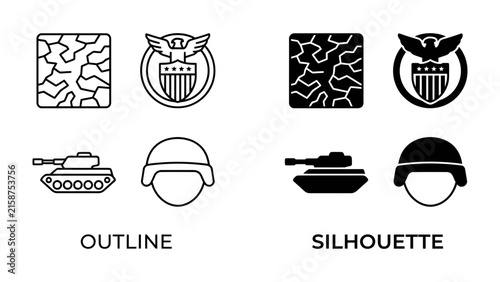 Bild auf Leinwand Military Icons Set: A collection of outline and silhouette icons representing military elements, including camouflage patterns, emblems, tanks, and helmets, symbolizing defense and armed forces
