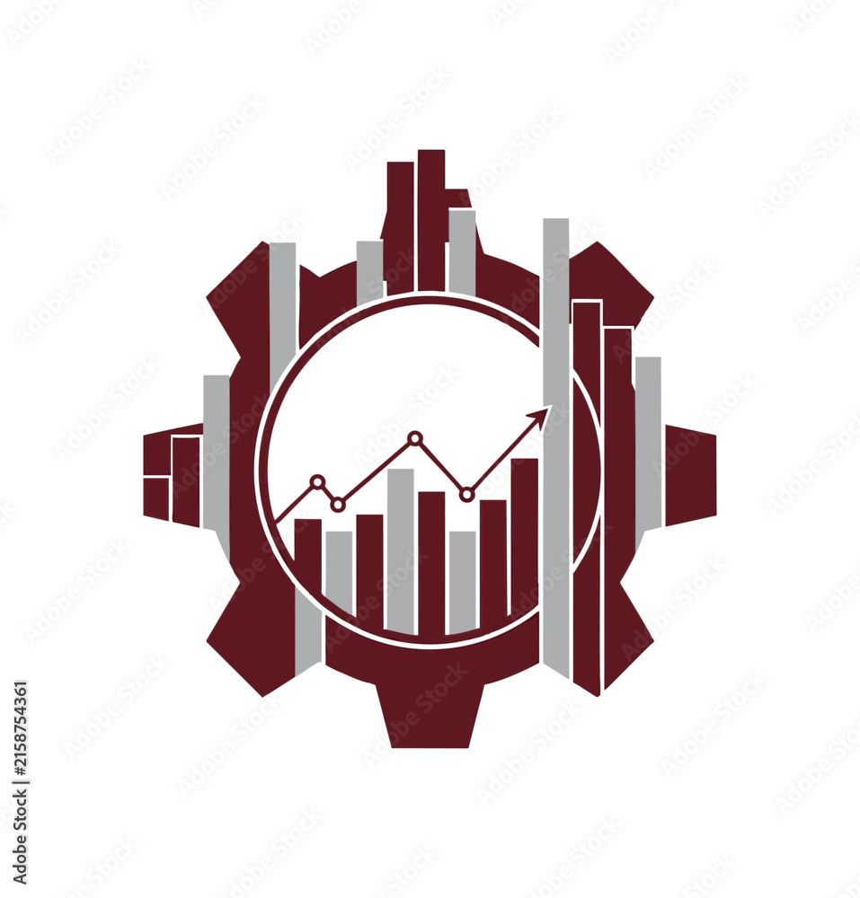 Fototapeta premium Abstract business logo design featuring a gear cog with financial growth bar charts and an upward trend arrow.