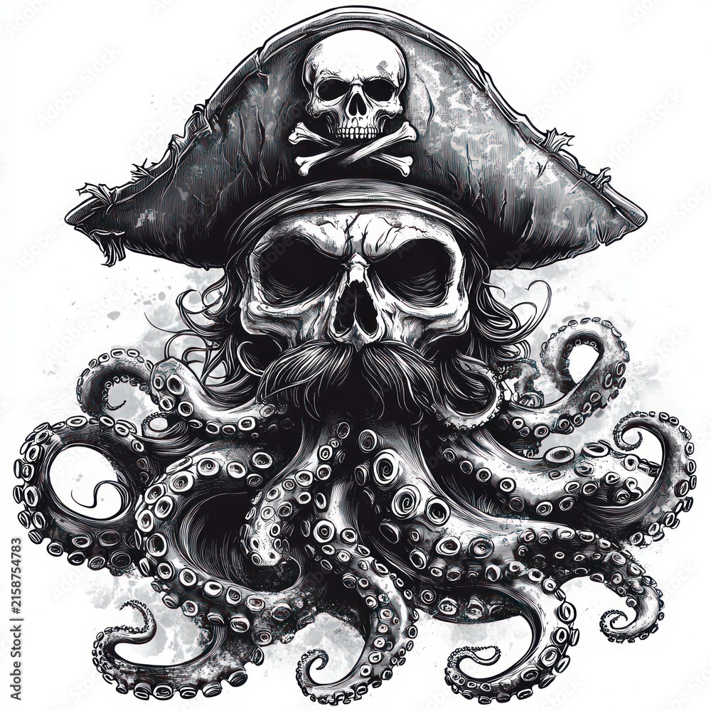 Fototapeta premium menacing pirate skull with flowing octopus tentacle beard and curled mustache wearing a weathered tricorne hat with skull and crossbones, detailed monochrome ink illustration