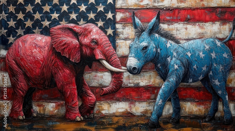 Obraz premium Textured painting of a red elephant and a blue donkey with white stars facing each other before a weathered flag in a tense standoff