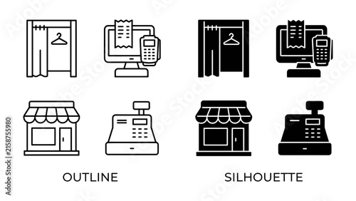 Shopping and Commerce Icons: A set of outline and silhouette icons depicting a fitting room, a computer with a receipt and payment terminal, a storefront, and a cash register.