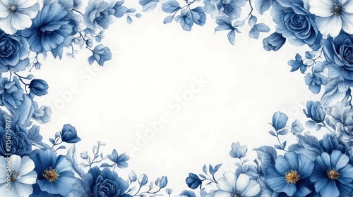 blue watercolor floral border featuring roses, blossoms and leaves framing a blank white center, elegant serene and romantic