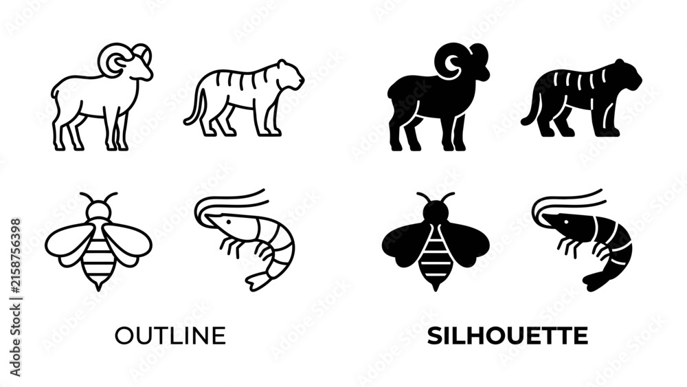 Fototapeta premium Outline and Silhouette Animal Icons: A set of graphic icons featuring the outline and silhouette of a ram, tiger, bee, and shrimp.