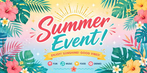 summer event with tropical flowers and sunburst
