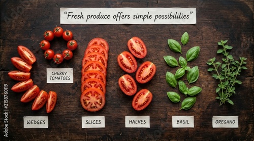 Rustic display of sliced tomatoes, cherry tomatoes, fresh basil and oregano herbs on dark wooden surface with paper labels, showcasing healthy organic ingredients for gourmet cooking and food