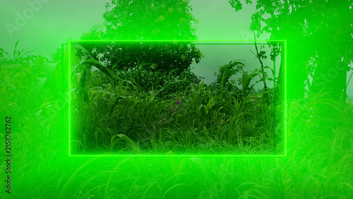 Lush Green Nature Foliage with Glowing Neon Rectangle Frame Background