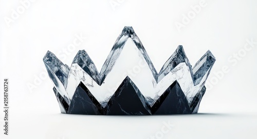 black and white marble crown with jagged geometric peaks on a white surface, minimalist isolated object conveying cold regal elegance and austere luxury