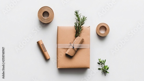 Wrapped gift with kraft paper, twine, greenery, label, and tape rolls