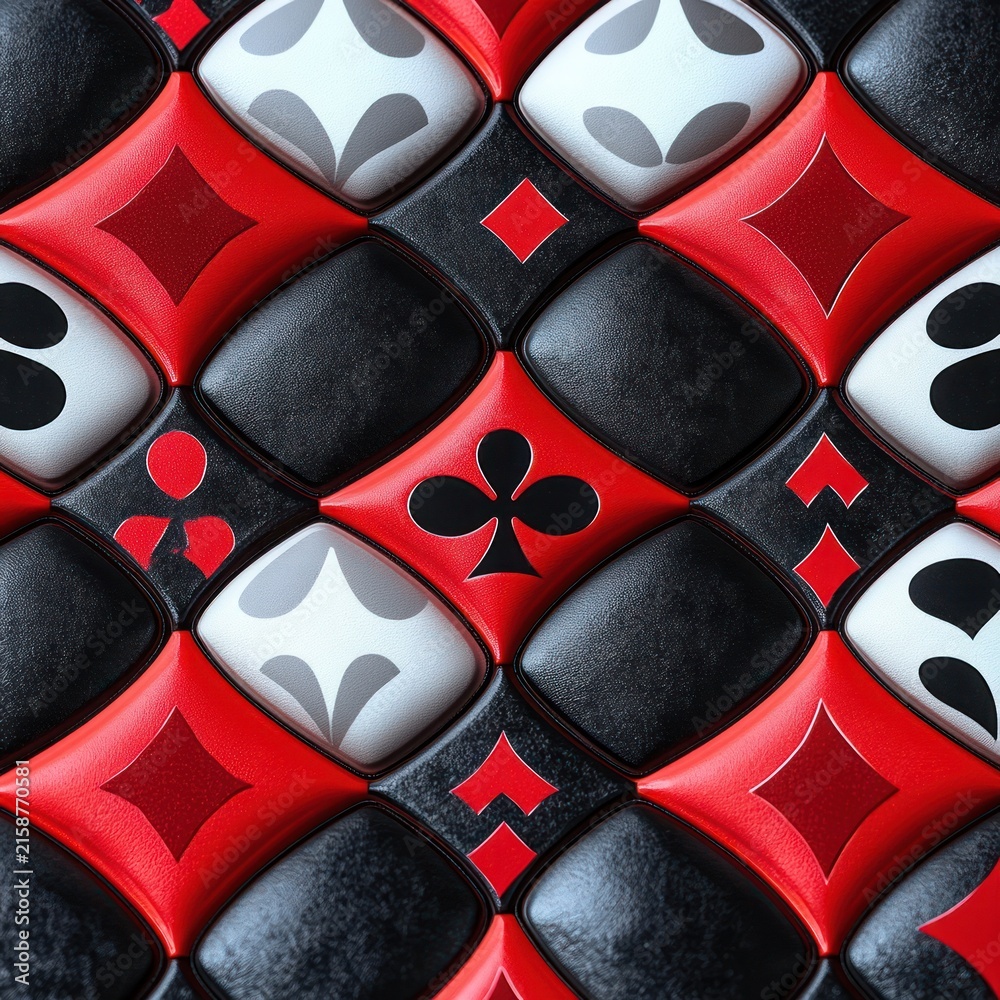Obraz premium glossy quilted red, black and white tiles embossed with playing card suit symbols forming a luxurious, playful geometric pattern