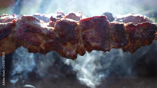 Close-up of a skewer of barbecued steak