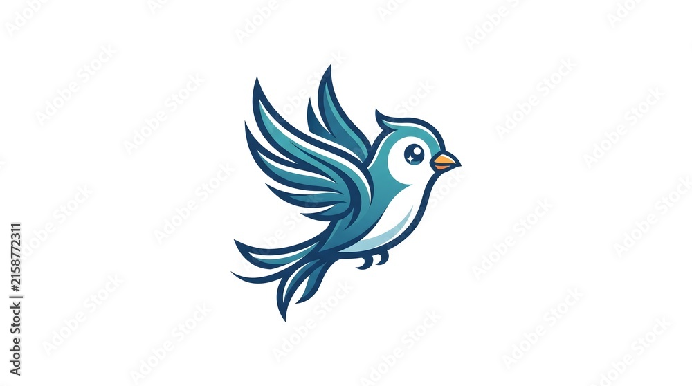 Fototapeta premium Vector illustration of a cute blue bird flying with open wings, isolated on a white background, designed as a modern mascot logo style.