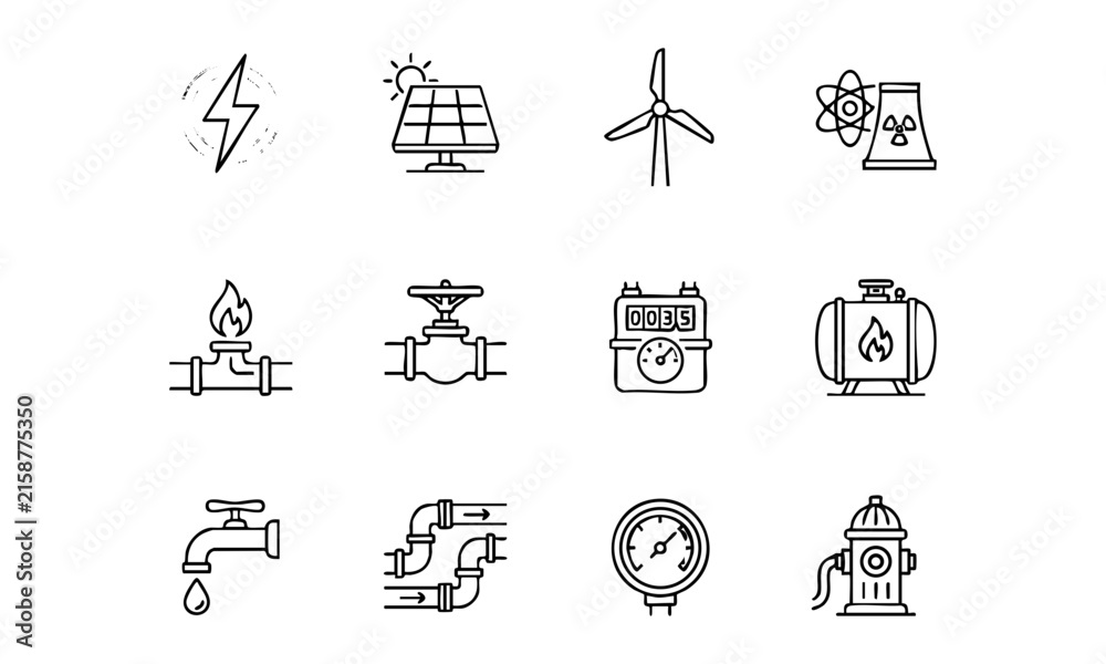 Fototapeta premium Power generation energy and utility line icon set vector illustration with resource