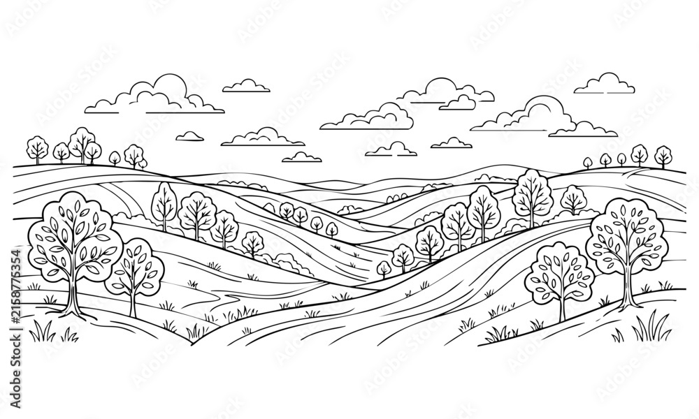 Fototapeta premium Detailed hand drawn outline vector illustration of a rural landscape with rolling
