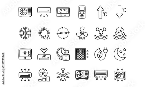 Air conditioning settings and functions thin line icons set vector illustration