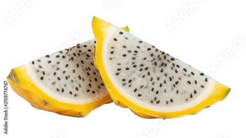 Two fresh slices of yellow dragon fruit with black seeds isolated on transparent background