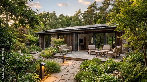 Modern countryside house with patio and garden