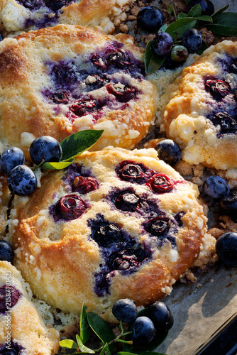 Homemade blueberry sweet buns with addition mascarpone cheese and butter crumble topping, close-up view