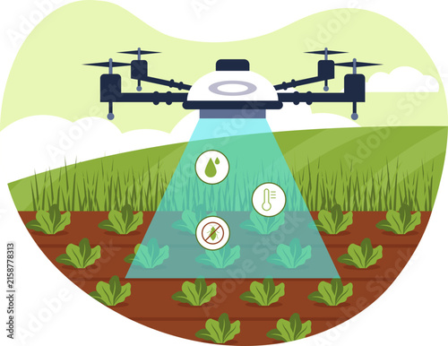 Agricultural Drone Crop Scanner Precision Agriculture Vector. Flat vector illustration of an autonomous drone scanning farm fields with laser sensor grid for precision agriculture