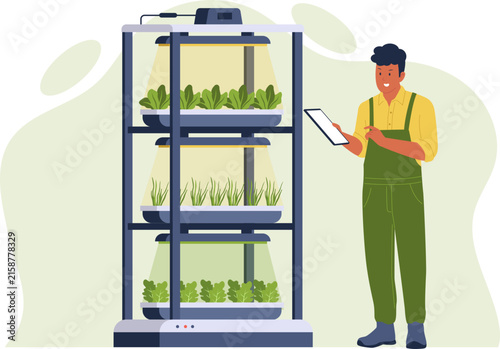Automated Vertical Farm Hydroponic Tower Flat Vector. Flat 2D vector illustration of an automated indoor vertical farming rack with LED grow lights and hydroponic green crop trays
