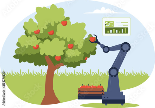 Autonomous Fruit-Picking Robotic Arm Flat Vector Illustration. Flat vector graphic depicting autonomous fruit-picking robotic arm for modern smart agriculture and sustainable agritech