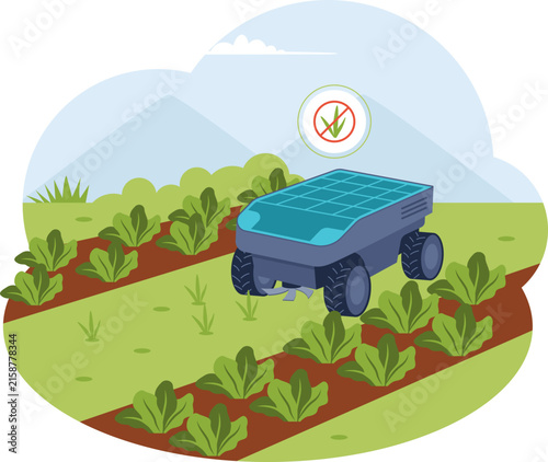 Autonomous Agricultural Weeding Robot Rover Vector. Flat vector graphic of a solar-powered autonomous robot rover weeding farm crops