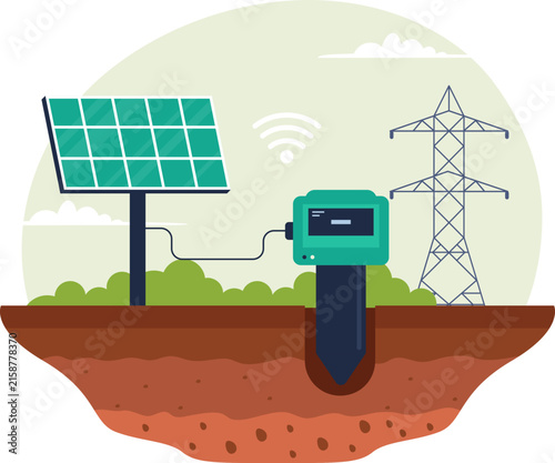 IoT Soil Moisture Sensor Smart Farming Vector Illustration. Flat vector illustration of an IoT soil sensor probe measuring moisture and nutrient levels for smart farming