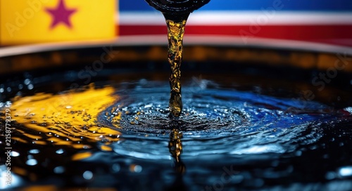 amber liquid pouring from a spout into a dark barrel, creating concentric ripples and glossy reflections against a colorful blurred background, moody and vibrant