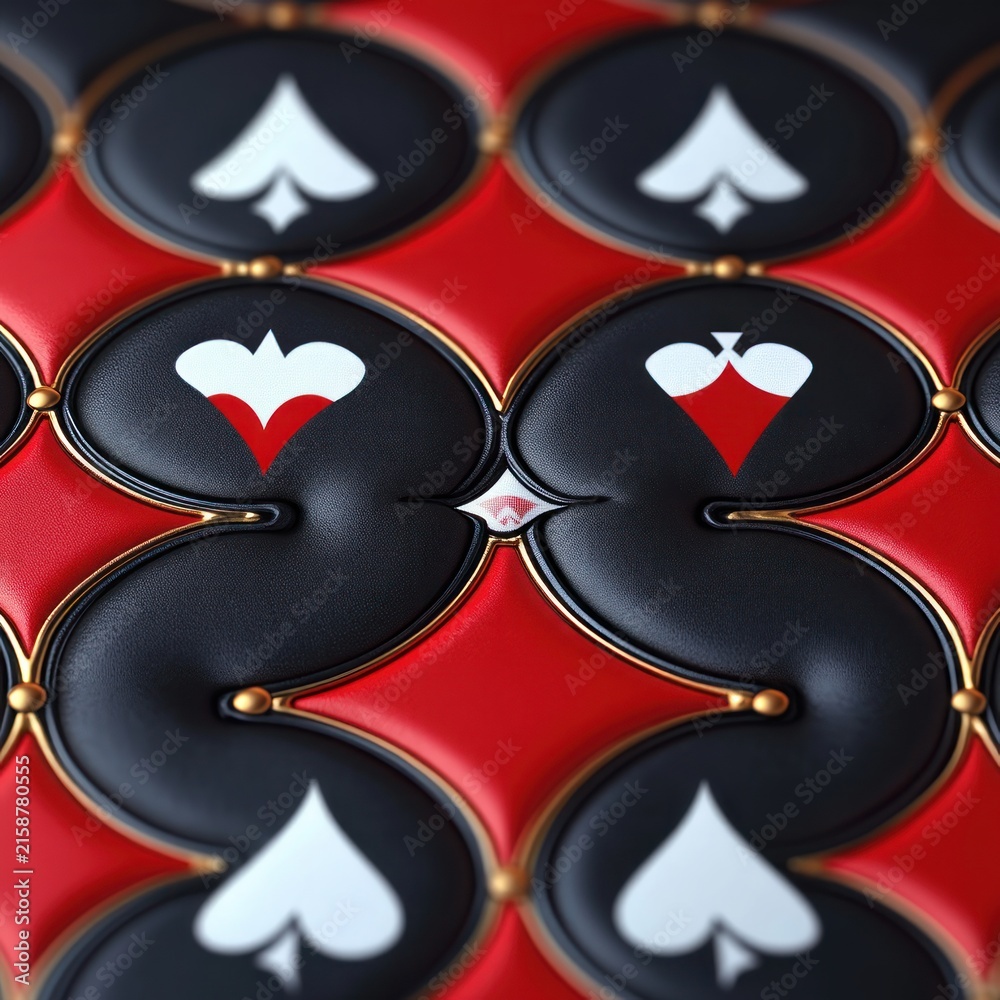 Obraz premium close-up of luxurious quilted red leather pattern with black padded shapes, white spade and red heart motifs, gold trim and studs, symmetrical and opulent