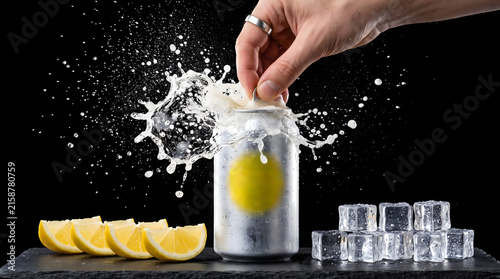 A hand adding salt to a refreshing glass of lemonade with ice cubes
