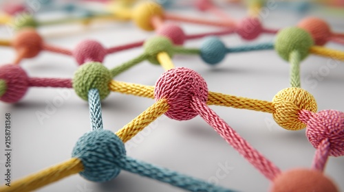 Abstract knitted spheres interconnected by colorful yarn lines