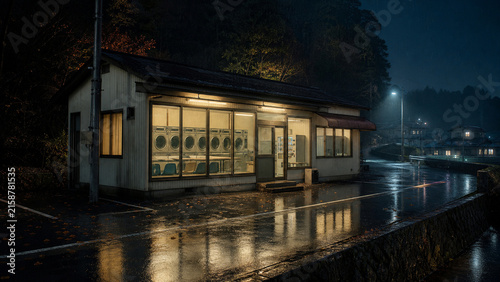 Empty rural Japanese laundromat glowing on a rainy autumn night