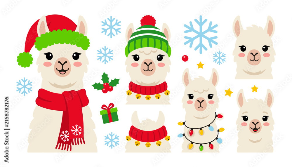 Fototapeta premium Cute Christmas Llama and Alpaca Vector Avatar Set with Santa Hats Scarves Winter Snowflakes and Holiday String Lights for Festive Greeting Card Designs