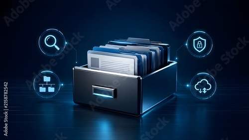Futuristic 3D file drawer with glowing digital icons for secure cloud storage and document data management.