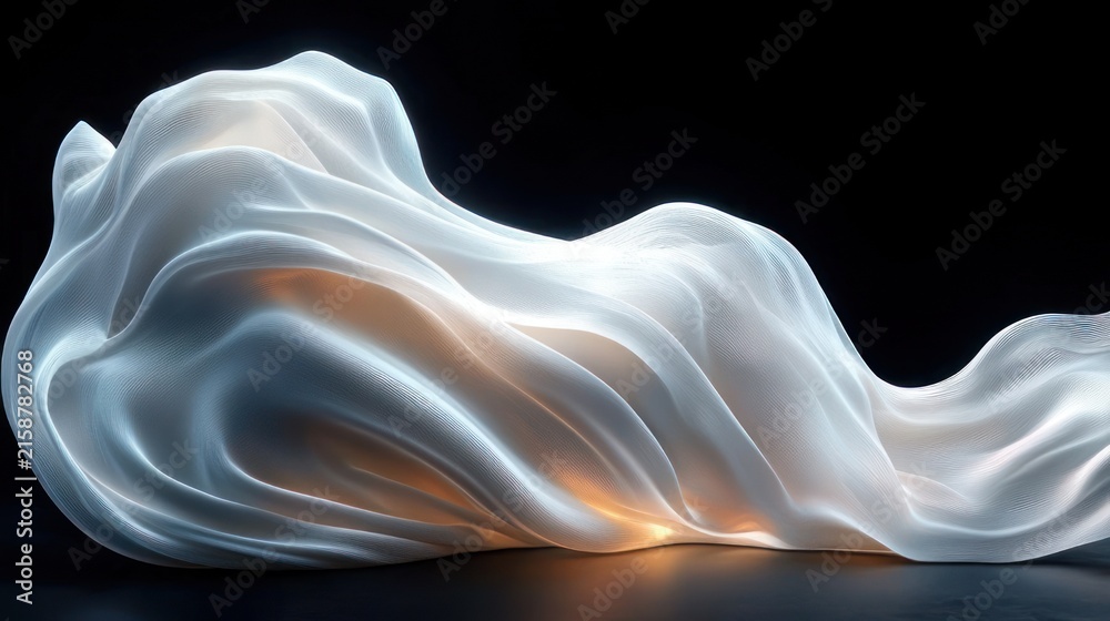 Fototapeta premium soft translucent white fabric-like sculpture with warm inner glow and flowing folds on black background, ethereal and serene