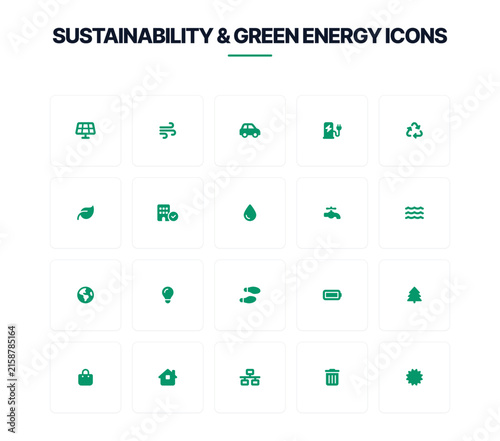 Clean Energy & Environmental Protection Vector Icons Isolated on Grid