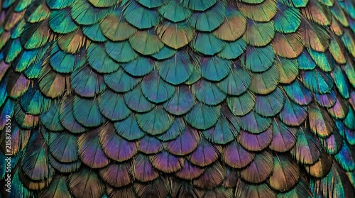 Iridescent bird feathers overlapping in orderly rows Background