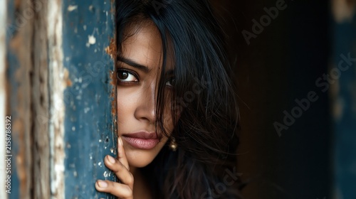 Woman peers cautiously through a slightly ajar rustic wooden doorway with a mysterious expression.