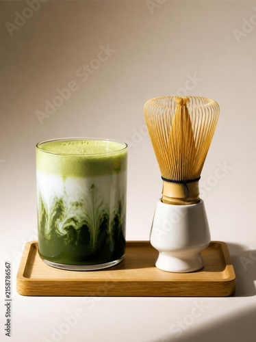 a clear cylindrical glass cup filled with a layered matcha latte, featuring a deep forest-green base with marbled white swirls and a pale frothy jade-green foam top.