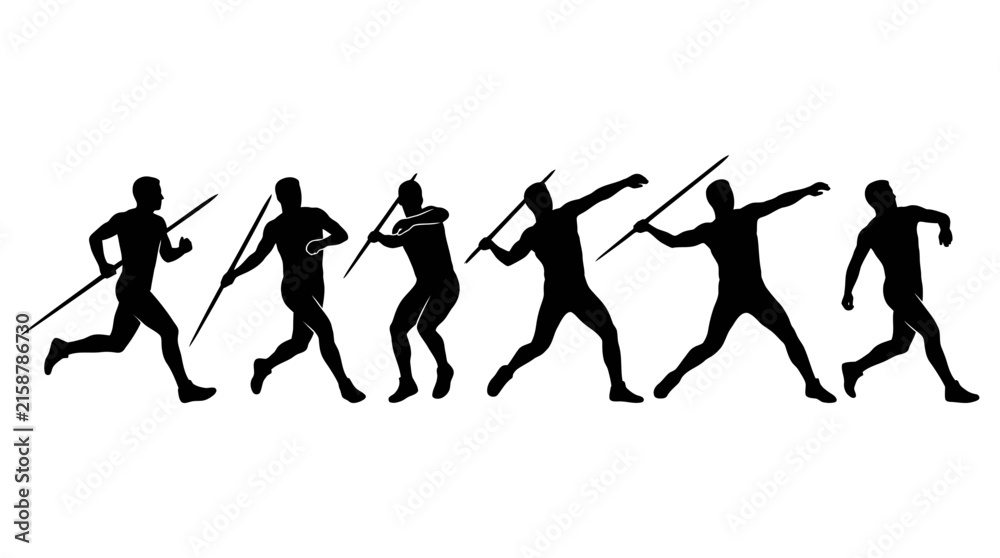 Fototapeta premium Black silhouette sequence of an athlete throwing a javelin